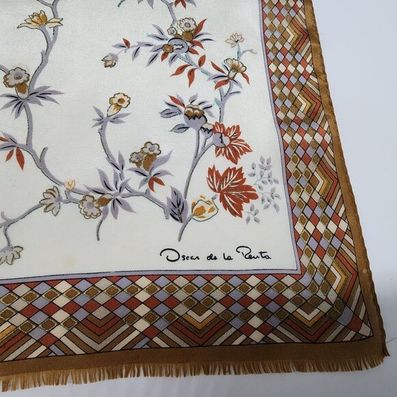 Oscar De La Renta Rectangle Silk Scarf Geometric Border & Floral Design - Picture 3 of 9